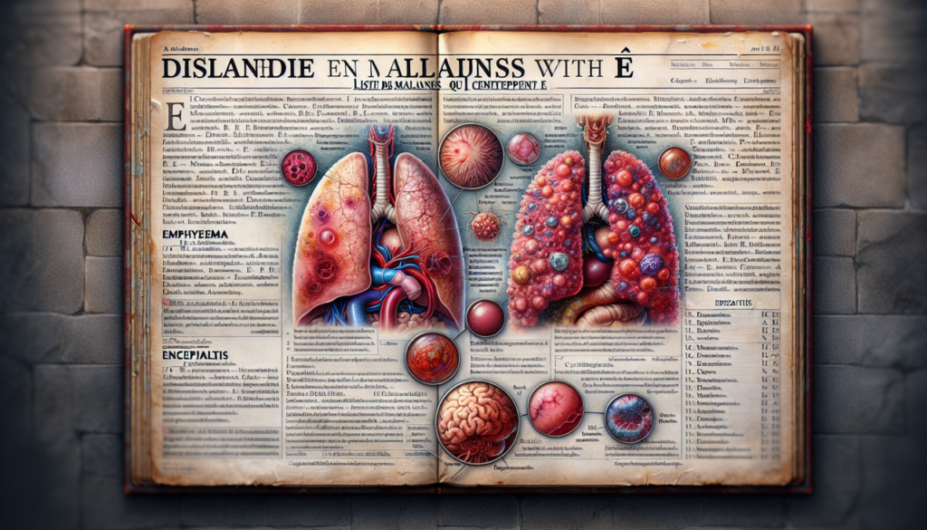 Illustration médicale de "Maladie en E": Emphysema, Eczema, Encephalitis avec détails anatomiques.